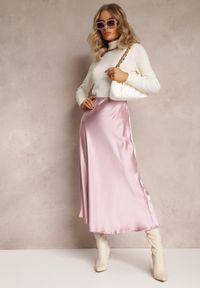 Renee - Różowa Satynowa Midi Spódnica Rozkloszowana z Gumką w Pasie i Suwakiem Leose. Kolor: różowy. Materiał: satyna #1