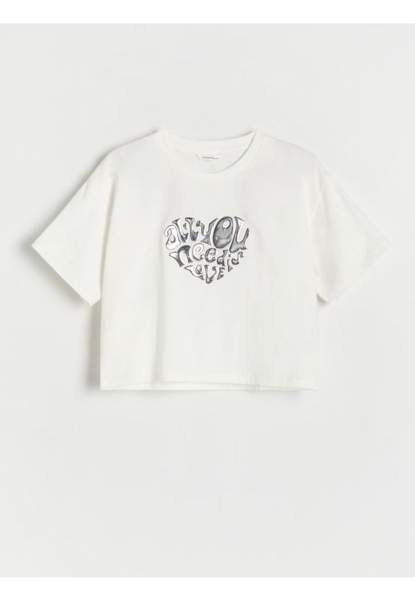 Reserved - Bawełniany t-shirt z aplikacją - złamana biel. Materiał: bawełna. Wzór: aplikacja