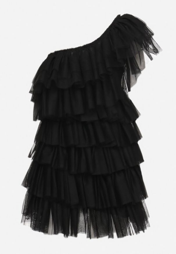 Born2be - Czarna Sukienka Mini na Jedno Ramię Asymetryczna z Falbankami Nomenta. Typ kołnierza: kołnierz z falbankami. Kolor: czarny. Typ sukienki: asymetryczne. Długość: mini