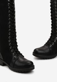 Born2be - Czarne Botki Novetra. Wysokość cholewki: przed kolano. Nosek buta: okrągły. Kolor: czarny. Materiał: tiul, prążkowany, materiał. Szerokość cholewki: normalna. Wzór: moro. Obcas: na platformie. Styl: militarny, elegancki #2