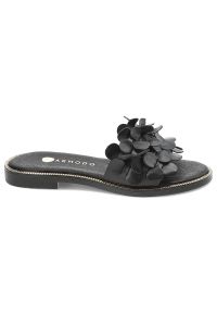 Czarne Klapki Armodo Eleganckie Obuwie Damskie. Okazja: na co dzień, na spacer. Kolor: czarny. Materiał: skóra. Wzór: kwiaty, aplikacja. Sezon: lato. Styl: elegancki #5