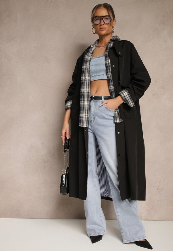 Renee - Czarny Płaszcz w Stylu Trencza Vintage z Asymetryczną Zakładką i Paskiem Davivellea. Okazja: na spotkanie biznesowe, na spacer, na co dzień. Kolor: czarny. Materiał: jeans. Styl: vintage