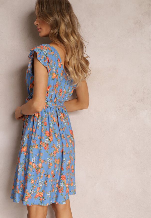 Renee - Niebieska Sukienka Mini z Wiskozy z Gumką w Talii Farlock. Kolor: niebieski. Materiał: wiskoza. Wzór: kwiaty. Długość: mini