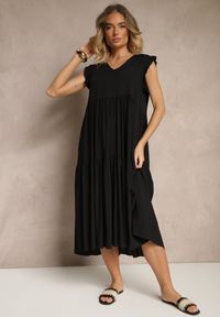 Renee - Czarna Sukienka z Bawełny z Falbankami Hirlio. Okazja: na co dzień. Typ kołnierza: kołnierz z falbankami. Kolor: czarny. Materiał: bawełna. Sezon: lato. Styl: elegancki, casual #5