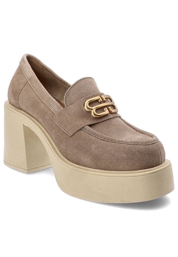 Beżowe Półbuty Armodo Stylowe Obuwie Damskie. Okazja: na co dzień. Kolor: beżowy. Materiał: materiał. Obcas: na obcasie. Styl: elegancki. Wysokość obcasa: średni