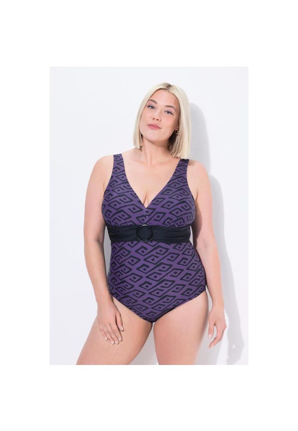ULLA POPKEN - Damskie Kostium kąpielowy romby miękkie miseczki ozdobny pierścień. Kolekcja: plus size. Kolor: fioletowy. Materiał: poliamid, poliester, materiał, elastan