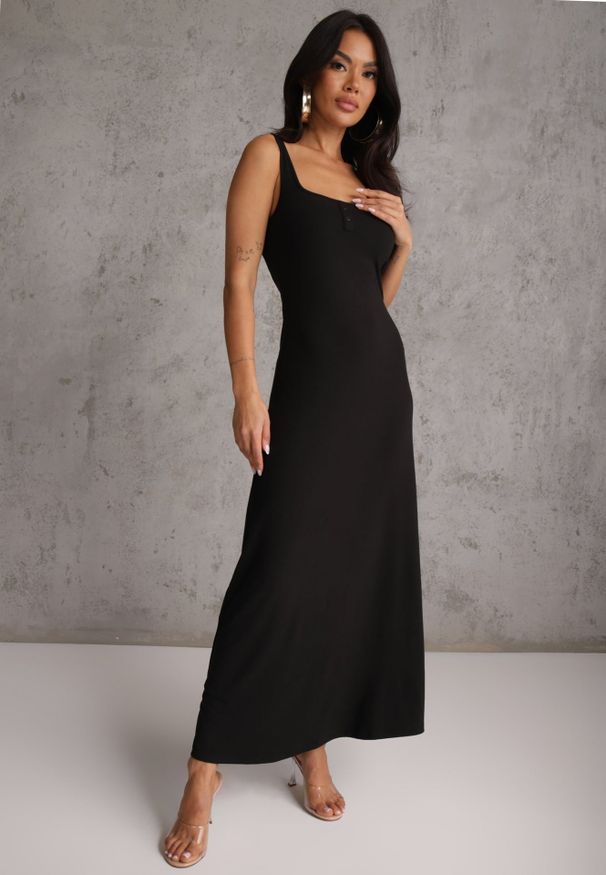 Renee - Czarna Sukienka z Bawełny Ozdobiona Guzikami przy Dekolcie Abarei. Okazja: na co dzień. Kolor: czarny. Materiał: bawełna. Długość rękawa: na ramiączkach. Wzór: aplikacja. Typ sukienki: proste. Styl: elegancki, casual