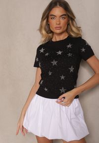 Renee - Czarny T-shirt z Bawełny Zdobiony Gwiazdkami z Cyrkonii Tenenisa. Okazja: na co dzień. Kolor: czarny. Materiał: bawełna. Wzór: aplikacja. Styl: elegancki, casual