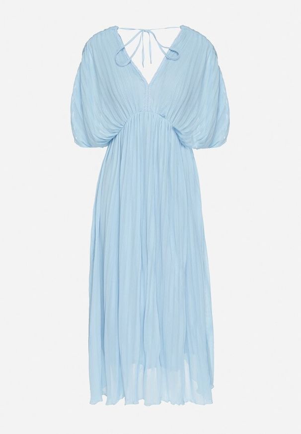 Born2be - Niebieska Sukienka Rozkloszowana z Wiązaniem na Szyi o Luźnym Kroju Napila. Okazja: na co dzień. Typ kołnierza: dekolt w kształcie V. Kolor: niebieski. Styl: casual, klasyczny, elegancki