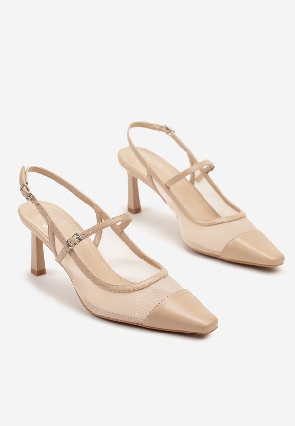 Renee - Beżowe Sandały na Szpilce Slingback z Transparentną Cholewką Eviralli. Nosek buta: szpiczasty. Zapięcie: sprzączka. Kolor: beżowy. Materiał: jeans. Obcas: na szpilce. Styl: wizytowy, klasyczny, elegancki. Wysokość obcasa: średni