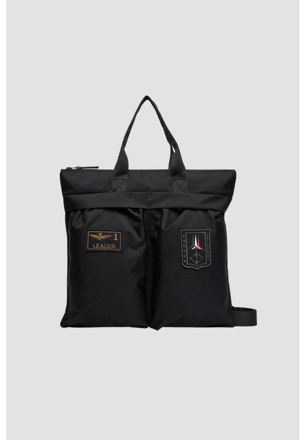Aeronautica Militare - AERONAUTICA MILITARE Czarna męska torba sportowa. Kolor: czarny. Wzór: aplikacja