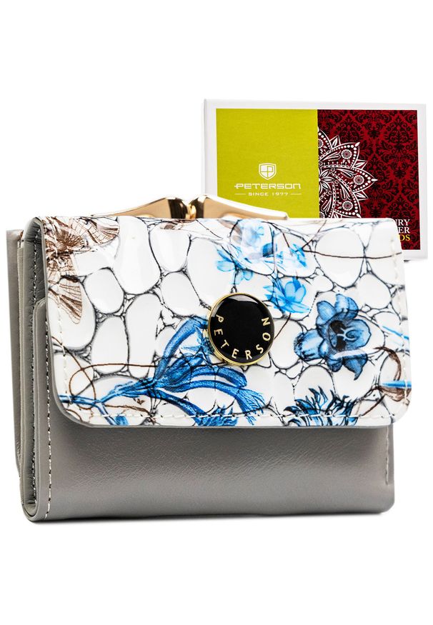 Mały, niebieski portfelik damski ze skóry naturalnej w kwiaty PTN PH32-LFL Peterson. Kolor: niebieski. Materiał: skóra. Wzór: kwiaty