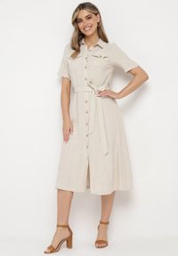 Born2be - Ciemnobeżowa Koszulowa Sukienka z Wiskozy z Lnem Zapinana na Guziki z Materiałowym Paskiem Fidilla. Okazja: na co dzień, na spotkanie biznesowe. Kolor: beżowy. Materiał: wiskoza, len, materiał. Wzór: aplikacja. Typ sukienki: koszulowe. Styl: casual, biznesowy, elegancki #7