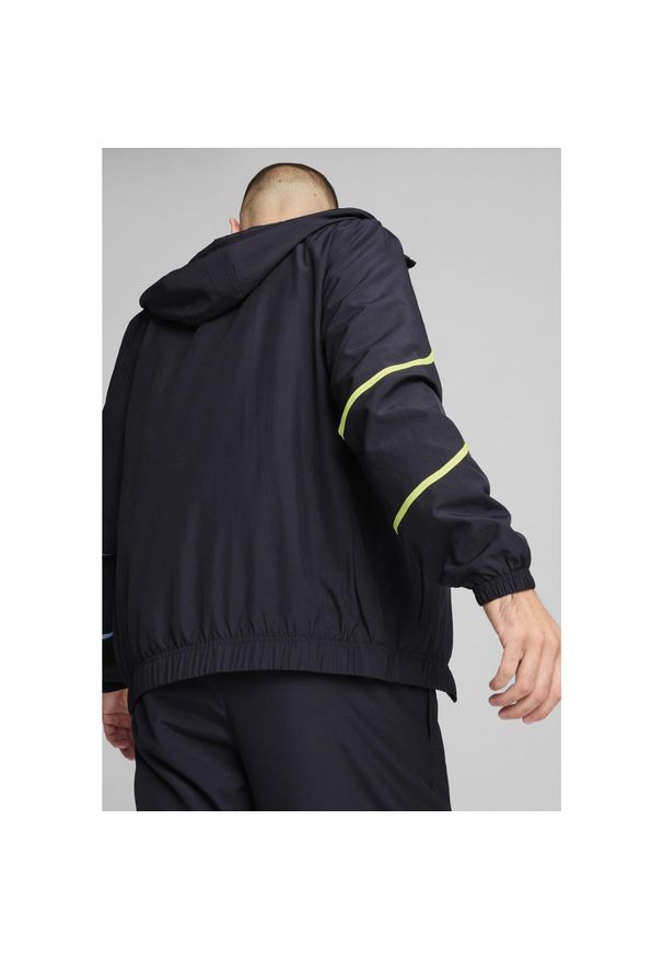 Puma - Męska kurtka przedmeczowa z tkaniny Manchester City PUMA. Kolor: wielokolorowy, niebieski, żółty. Materiał: tkanina. Sport: piłka nożna