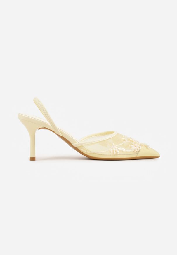 Renee - Żółte Szpilki VICES Slingback z Noskami w Szpic Ozdobionymi Haftem i Koralikami Laraidina. Zapięcie: pasek. Kolor: żółty. Materiał: satyna. Wzór: aplikacja, haft. Obcas: na szpilce