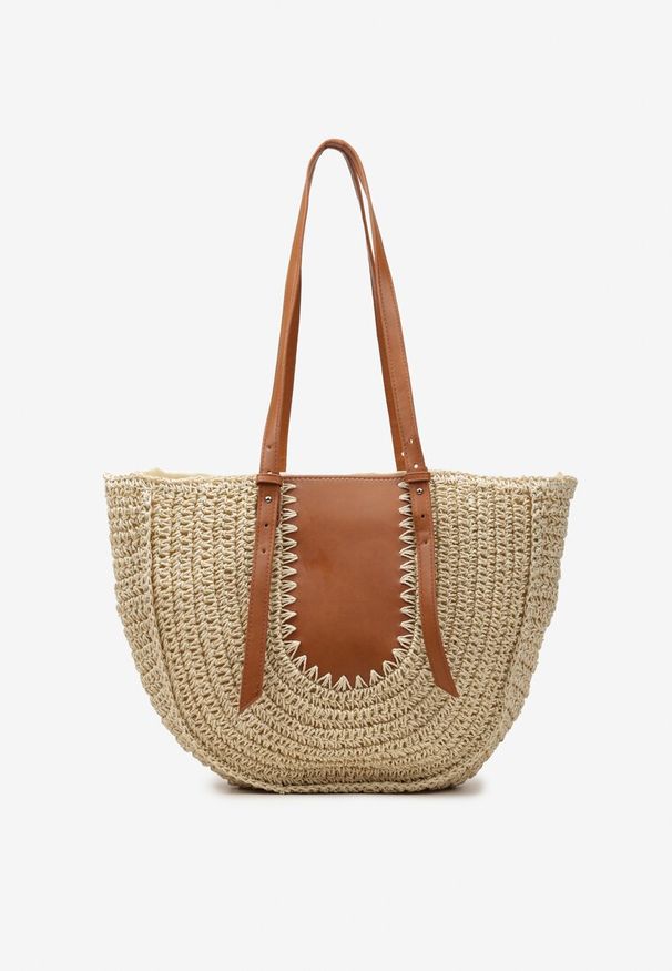 Renee - Jasnobeżowa Jednokomorowa Torebka z Plecionej Rafii w Stylu Boho Idarkia. Kolor: beżowy. Wzór: paski. Sezon: lato. Styl: boho