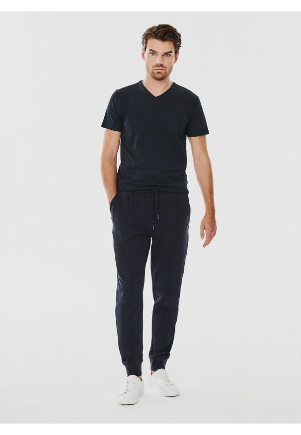 Pako Lorente - PAKO LORENTE – Granatowy gładki t-shirt v-neck. Kolor: czarny, niebieski. Materiał: elastan, bawełna. Wzór: gładki