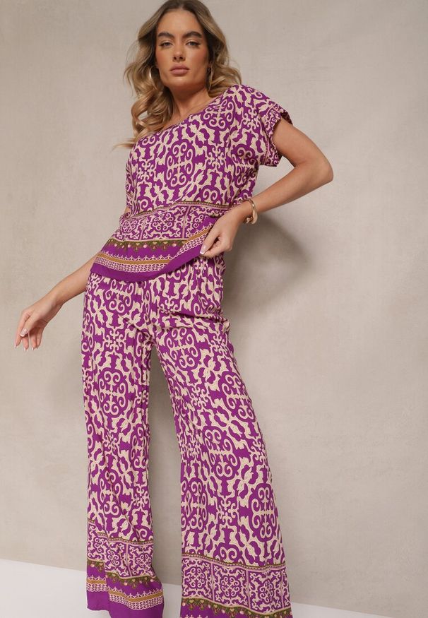 Renee - Fioletowy Komplet Spodnie i Bluzka z Bawełny w Ornamentalny Print Nanitria. Kolor: fioletowy. Materiał: bawełna. Wzór: nadruk