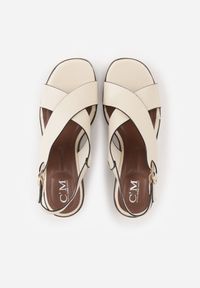 Renee - Beżowe Sandały na Platformie i Koturnie z Geometryczną Cholewką Adrasithise. Zapięcie: sprzączka. Kolor: beżowy. Wzór: geometria. Obcas: na koturnie #2