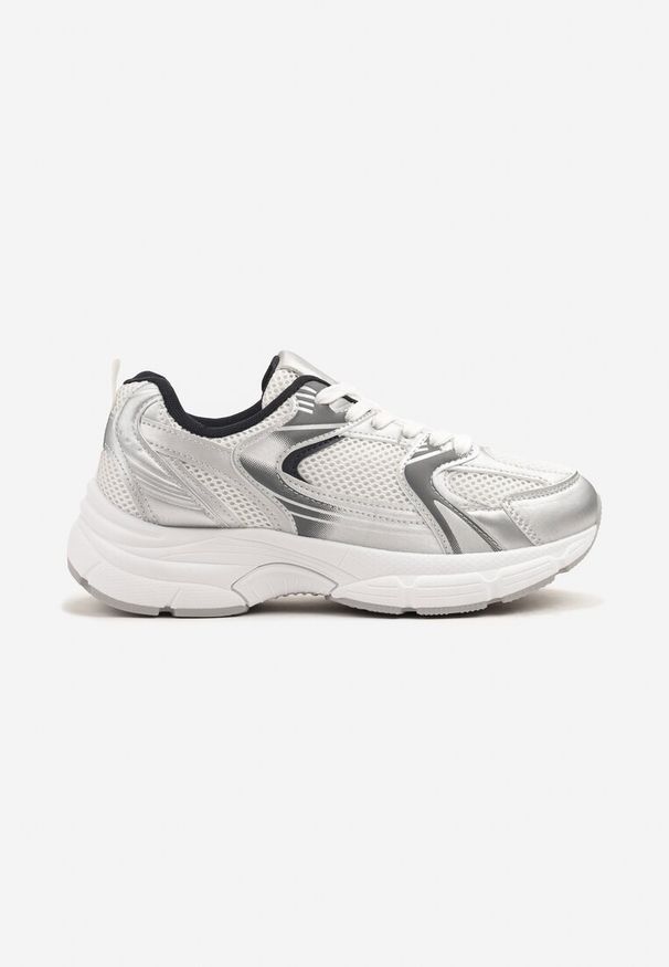 Renee - Biało-Srebrne Sneakersy na Grubej Podeszwie z Cholewką z Siateczką Zollexia. Okazja: na co dzień. Zapięcie: sznurówki. Kolor: biały. Materiał: jeans. Szerokość cholewki: normalna. Sezon: wiosna, lato