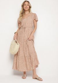 Born2be - Beżowa Sukienka z Bawełną i Geometrycznym Wzorem Lunavella. Okazja: na spacer, na co dzień. Kolor: beżowy. Materiał: bawełna. Wzór: geometria. Sezon: lato. Typ sukienki: proste. Styl: casual, elegancki #7