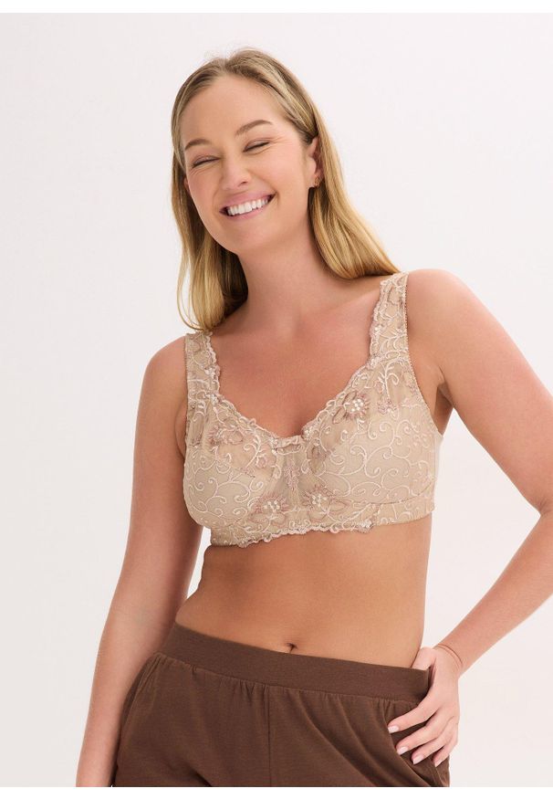 bonprix - Biustonosz odciążający bez fiszbinów z wyściełanymi ramiączkami. Kolor: beżowy. Rodzaj stanika: różne sposoby noszenia, wyściełane miseczki. Wzór: haft