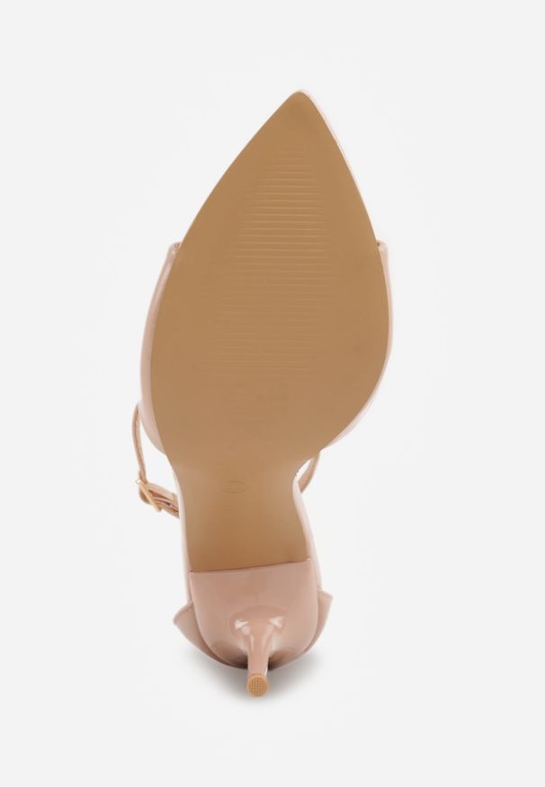 Renee - Beżowe Sandały ze Sprzączką wokół Kostki i Noskiem w Szpic z Lakierowanej Imitacji Skóry Santel. Okazja: na co dzień. Zapięcie: sprzączka. Kolor: beżowy. Materiał: skóra, lakier. Sezon: lato. Styl: casual, klasyczny, elegancki