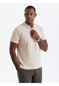 Ombre Clothing - Koszulka męska polo z kołnierzykiem zapinanym na zamek – kremowa V3 OM-POSS-0132 - XXL. Typ kołnierza: polo. Kolor: kremowy. Materiał: dzianina, bawełna. Wzór: aplikacja, gładki. Styl: sportowy, elegancki #5