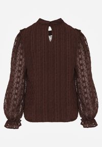 Renee - Brązowa Bluzka z Koronką i Falbankami Zdobiona Metalicznymi Przeszyciami Aliafera. Typ kołnierza: kołnierz z falbankami. Kolor: brązowy. Materiał: koronka. Wzór: aplikacja, koronka #5