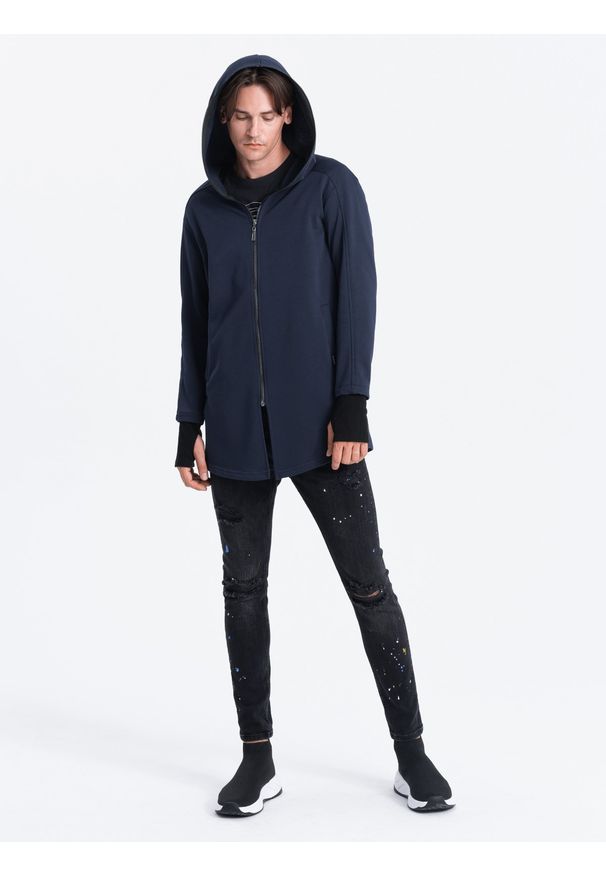 Ombre Clothing - Dłuższa bluza męska rozpinana z obszernym kapturem PRAGA - granatowa B1369 - XXL. Kolor: niebieski. Materiał: poliester, bawełna. Długość: długie