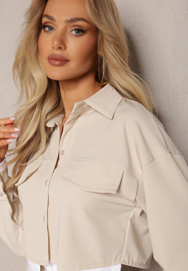 Renee - Beżowy Komplet Utility z Krótką Koszulą i Szerokimi Spodniami z Gumką w Talii Ondina. Kolor: beżowy