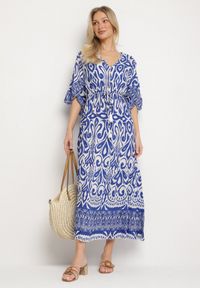 Born2be - Niebieska Sukienka Bawełniana w Ornamentalny Wzór z Gumką w Talii Orrielle. Okazja: na co dzień. Typ kołnierza: dekolt w serek. Kolor: niebieski. Materiał: bawełna. Typ sukienki: sportowe. Styl: casual, sportowy #3