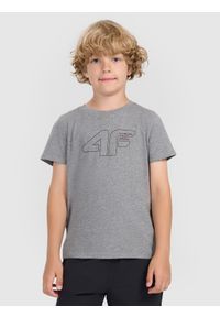 4f - 4F T-shirt regular z nadrukiem chłopięcy - szary 128 (7-8 lat). Okazja: na co dzień. Kolor: szary. Materiał: jersey, bawełna, materiał. Długość rękawa: krótki rękaw. Długość: krótkie. Wzór: nadruk. Sezon: lato. Styl: sportowy, klasyczny, casual