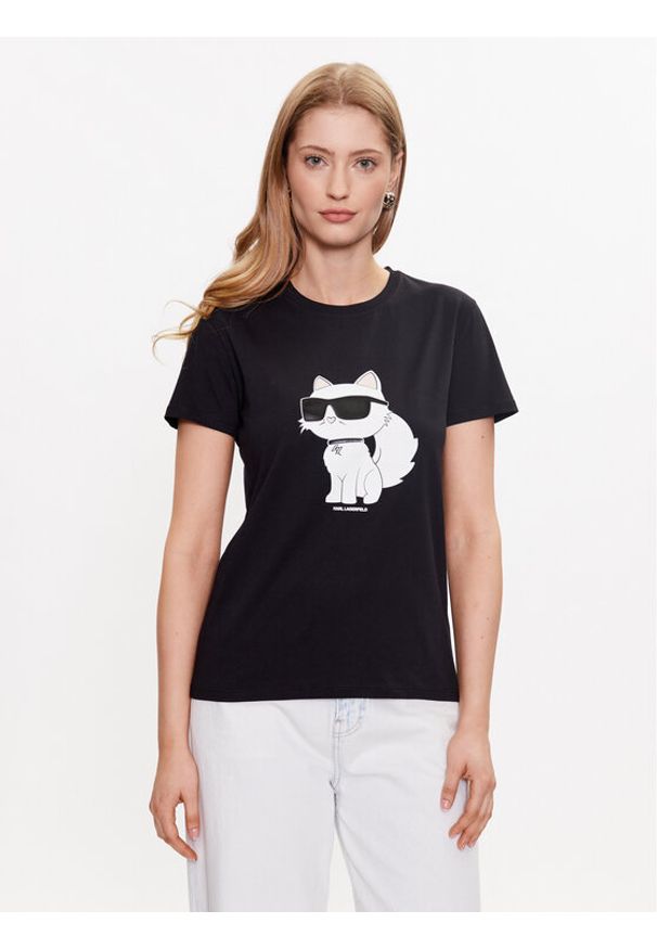 Karl Lagerfeld - KARL LAGERFELD T-Shirt Ikonik 2.0 Choupette 230W1703 Czarny Regular Fit. Typ kołnierza: dekolt w karo. Kolor: czarny. Materiał: bawełna