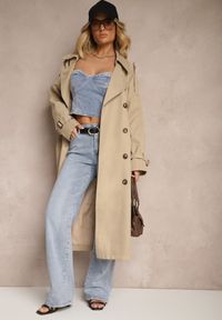 Renee - Beżowy Oversizowy Płaszcz Trencz o Dwurzędowym Kroju z Paskiem Darinella. Okazja: na co dzień. Kolor: beżowy. Materiał: jeans. Styl: casual, elegancki