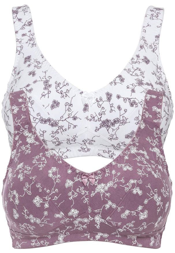 bonprix - Biustonosz bez fiszbinów (2 szt.), bawełna organiczna. Kolor: fioletowy. Materiał: bawełna. Rodzaj stanika: różne sposoby noszenia, wyściełane miseczki. Wzór: kwiaty, nadruk