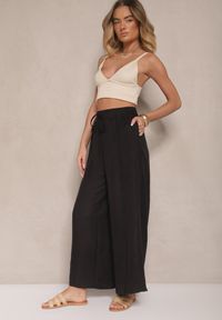 Renee - Czarne Szerokie Spodnie High Waist Ozdobione Wiązaniem Telonia. Okazja: na co dzień. Stan: podwyższony. Kolor: czarny. Wzór: aplikacja. Styl: elegancki, casual #4