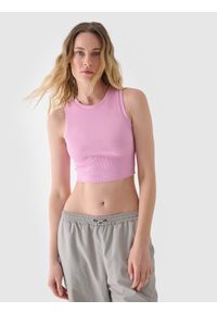 4f - 4F Crop top slim damski - pudrowy róż L. Kolor: różowy. Materiał: dzianina, bawełna, materiał, prążkowany, elastan. Długość rękawa: na ramiączkach. Wzór: prążki, jednolity. Sezon: lato
