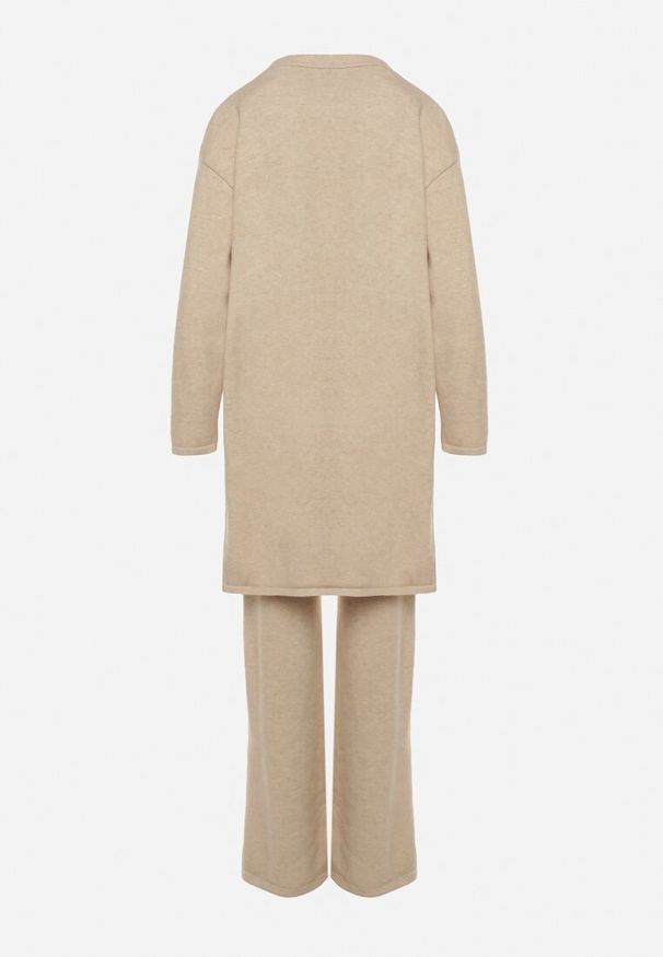 Born2be - Jasnobeżowy Komplet z Dzianiny z Wełną Spodnie Kardigan i Kamizelka na Guziki Meviseffa. Kolor: beżowy. Materiał: dzianina, wełna