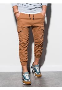 Ombre Clothing - Spodnie męskie joggery - beżowe P761 - S. Okazja: na co dzień. Kolor: beżowy. Materiał: bawełna, elastan. Długość: krótkie. Styl: casual