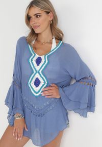 Born2be - Niebieska Tunika Raylee. Kolor: niebieski. Długość rękawa: długi rękaw. Długość: długie. Wzór: ażurowy. Styl: boho #5