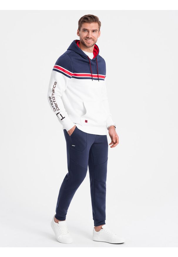 Ombre Clothing - Spodnie męskie dresowe joggery - ciemnoniebieskie V4 - Rozmiar: M. Kolor: niebieski. Materiał: dresówka. Wzór: geometria