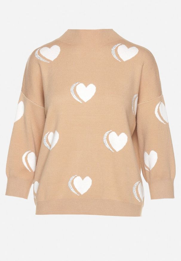 Born2be - Ciemnobeżowy Sweter z Modalem i Wiskozą w Serca Zeanita. Okazja: na co dzień. Kolor: beżowy. Materiał: wiskoza. Styl: elegancki, casual