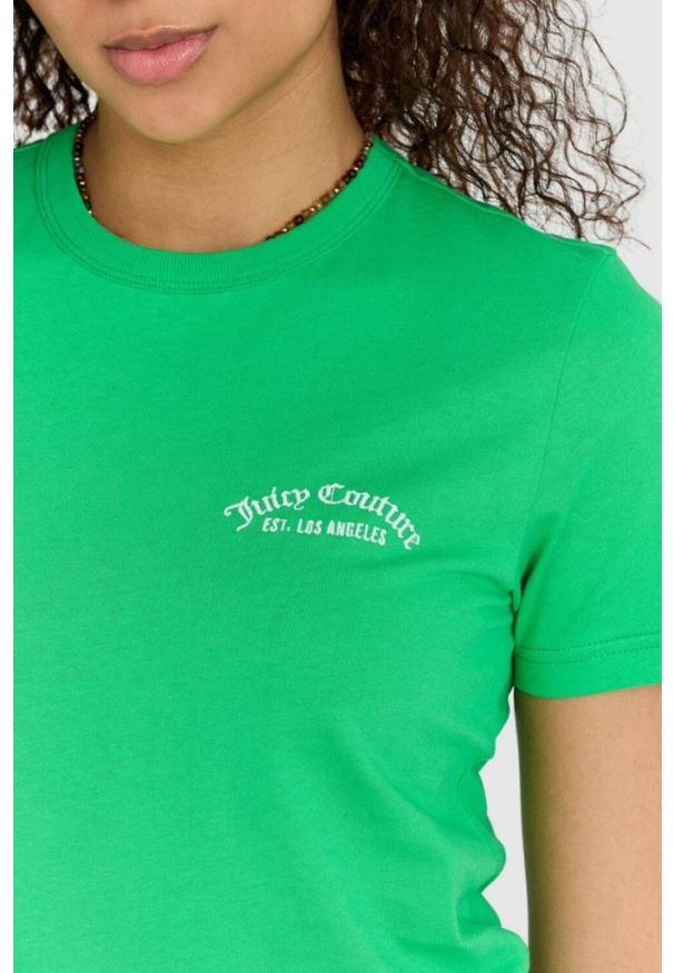Juicy Couture - JUICY COUTURE Zielony t-shirt damski haylee recycled z haftowanym logo, Rozmiar M. Kolor: zielony. Wzór: haft