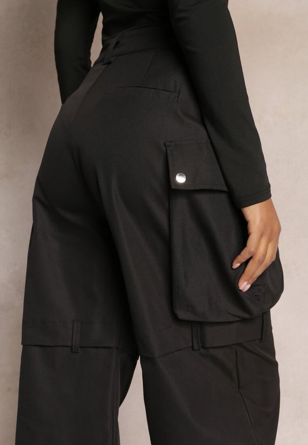 Renee - Czarne Szerokie Spodnie High Waist w Stylu Cargo Vomisal. Okazja: na co dzień. Stan: podwyższony. Kolor: czarny. Styl: elegancki, casual