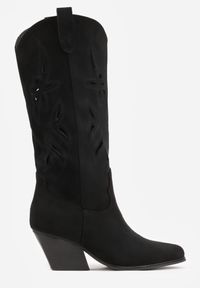 Born2be - Czarne Kozaki Kowbojki na Stożkowym Obcasie z Ażurową Cholewką Tidanna. Okazja: na co dzień, na randkę. Kolor: czarny. Szerokość cholewki: normalna. Wzór: ażurowy. Materiał: zamsz, jeans. Sezon: lato. Obcas: na obcasie. Styl: casual, klasyczny. Wysokość obcasa: średni #2