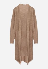 Born2be - Ciemnobeżowy Komplet Dzianinowy z Wełną Długi Kardigan i Sukienka w Prążki Falandrea. Kolor: beżowy. Materiał: wełna, dzianina. Wzór: prążki #4