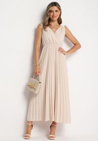 Born2be - Beżowa Plisowana Sukienka z Bawełną i Wiskozą o Rozkloszowanym Kroju z Gumką w Talii Xefia. Okazja: na spotkanie biznesowe, na co dzień. Kolor: beżowy. Materiał: wiskoza, bawełna. Sezon: wiosna, lato. Styl: casual, klasyczny, biznesowy #7