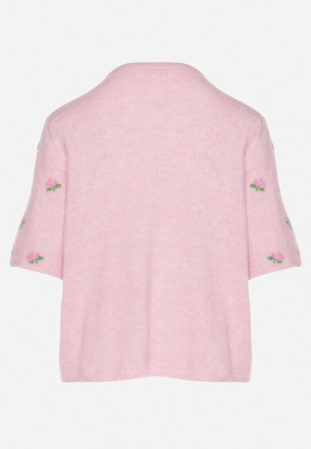 Born2be - Różowy Sweter Kardigan z Krótkim Rękawem z Wiskozą w Ozdobny Print Korinelia. Okazja: na co dzień. Kolor: różowy. Materiał: wiskoza. Długość rękawa: krótki rękaw. Długość: krótkie. Wzór: nadruk. Styl: elegancki, casual