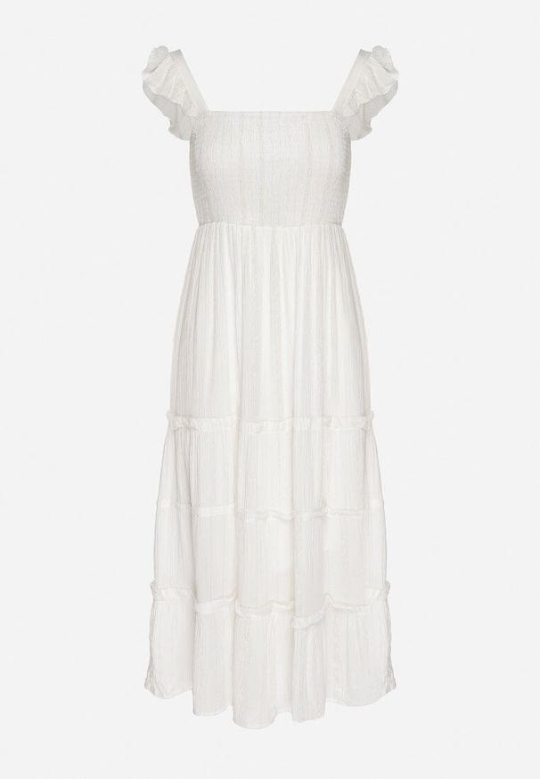 Born2be - Biała Wiskozowa Sukienka na Ramiączkach Zdobiona Metaliczną Nicią Iffrisse. Okazja: na co dzień. Kolor: biały. Materiał: wiskoza. Długość rękawa: na ramiączkach. Wzór: aplikacja. Styl: casual